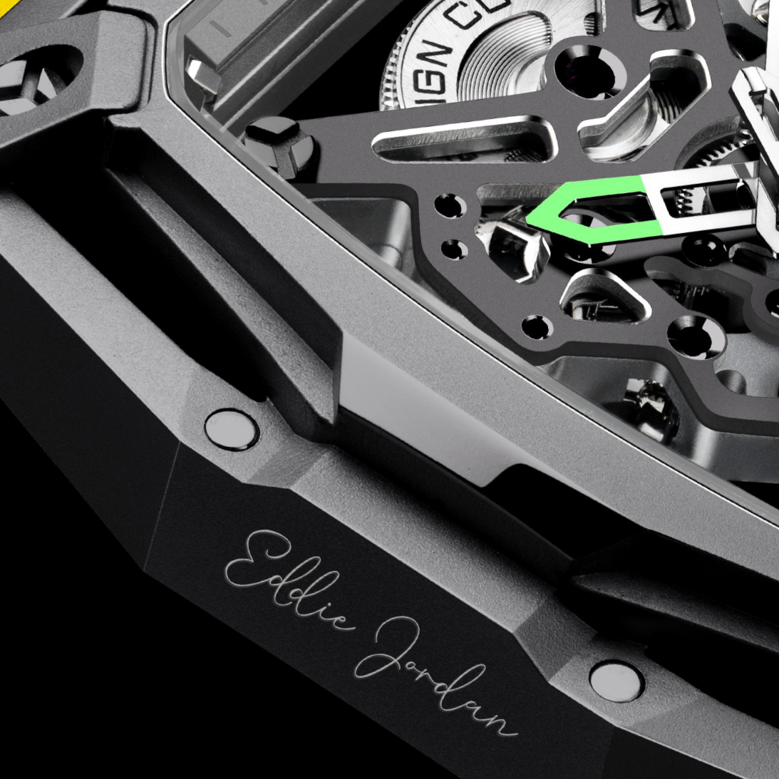 Close-up of a mechanical watch with 'Eddie Jordan' branding on a black background
