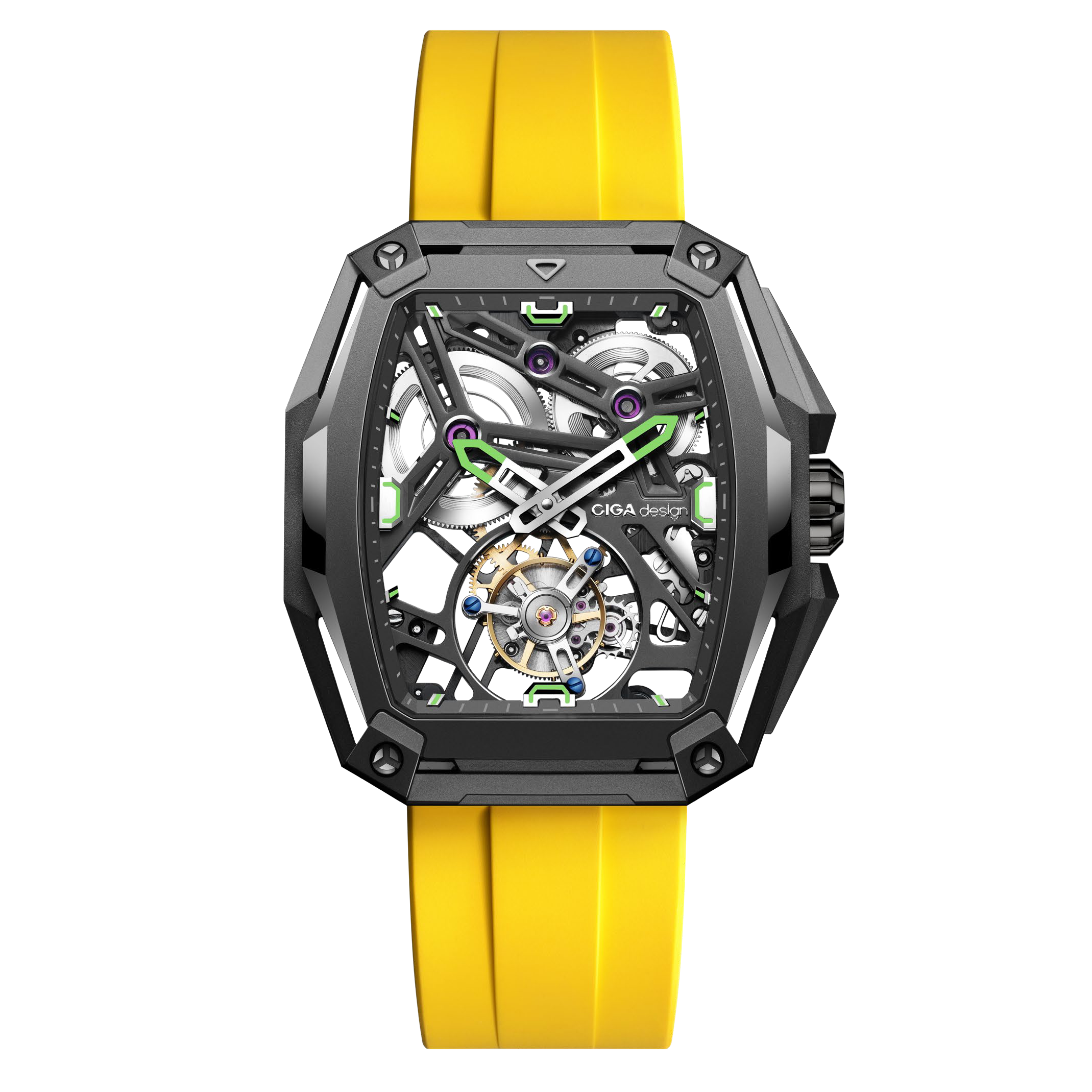 Eddie Jordan Hunter Tourbillon, skeleton dial with green-tipped hands